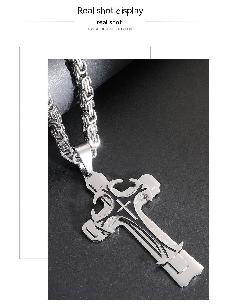 Christian Trinity Latin Cross Necklace For Men Stainless Steel Three Layers Cross Pendants Necklaces Jewelry