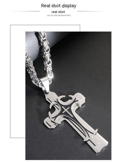 Christian Trinity Latin Cross Necklace For Men Stainless Steel Three Layers Cross Pendants Necklaces Jewelry