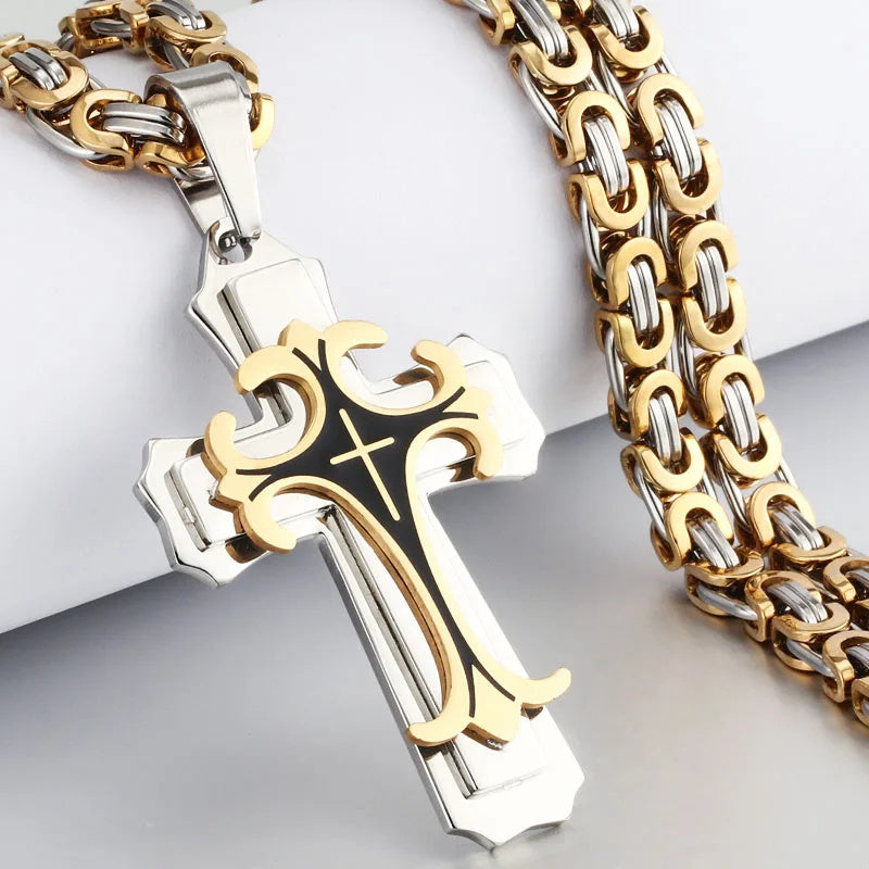 Christian Trinity Latin Cross Necklace For Men Stainless Steel Three Layers Cross Pendants Necklaces Jewelry