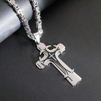 Christian Trinity Latin Cross Necklace For Men Stainless Steel Three Layers Cross Pendants Necklaces Jewelry