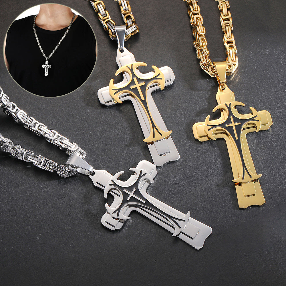 Christian Trinity Latin Cross Necklace For Men Stainless Steel Three Layers Cross Pendants Necklaces Jewelry